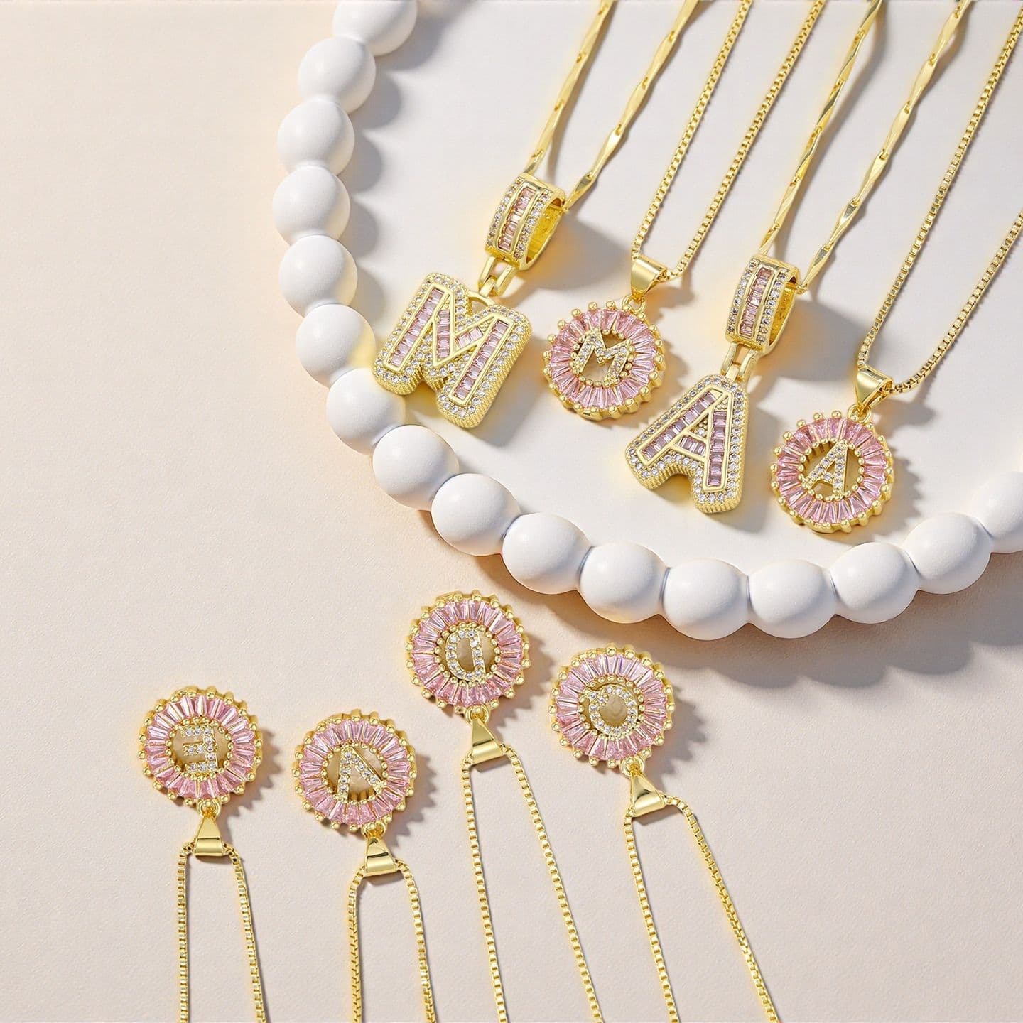 Pink rock sugar full diamond 26 English letter gold flower necklace set, detail image 2
