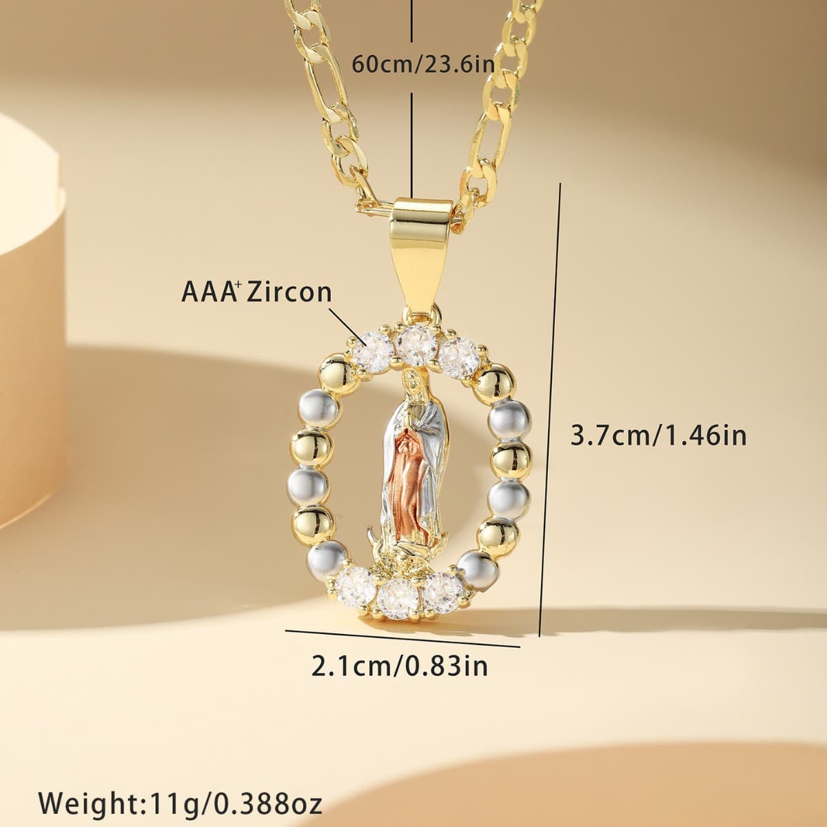Religious personality diamond studded Virgin Mary copper gold-plated pendant long necklace, detail image 2