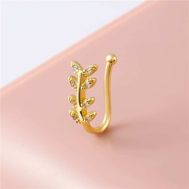 Non-piercing nose clip/nose ring, made of copper inlaid with cubic zirconia, featuring a U-shaped leaf and butterfly design., detail image 2