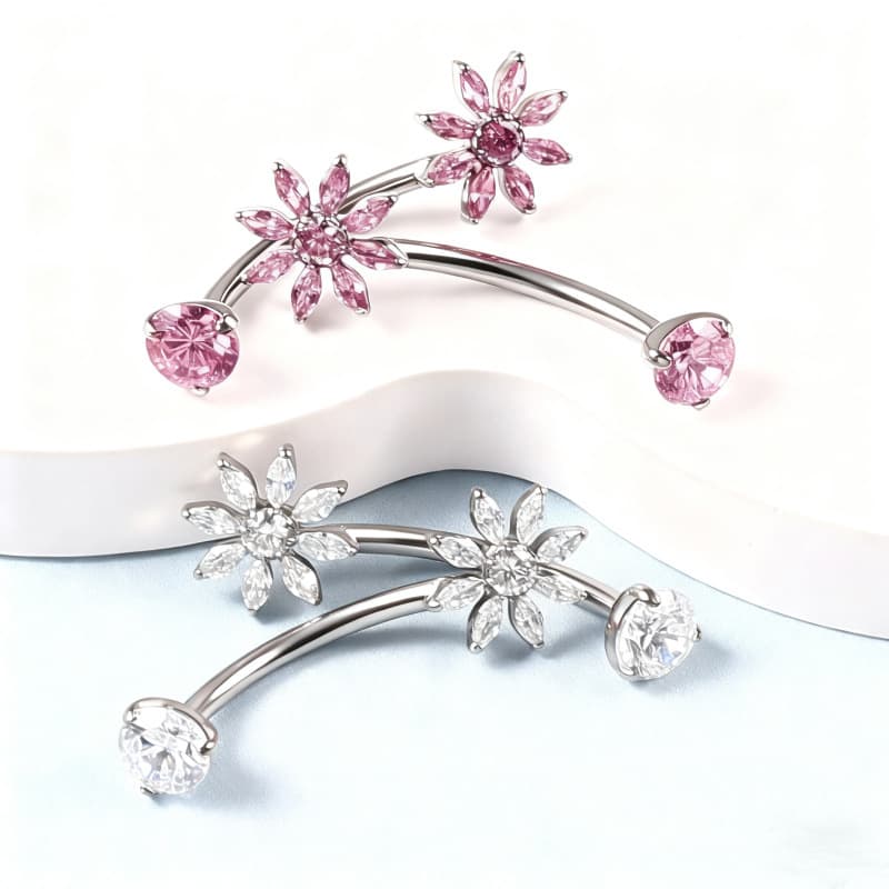 G23 Titanium Alloy Flower-Shaped Navel Piercing with Inlaid 5A Zirconia M0.9, detail image 2