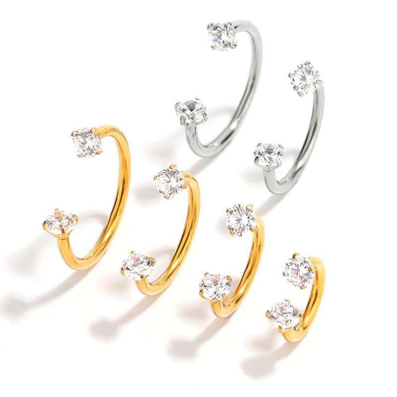 Titanium alloy nose stud with double-ended cubic zirconia, simple and stylish C-bar septum piercing jewelry.