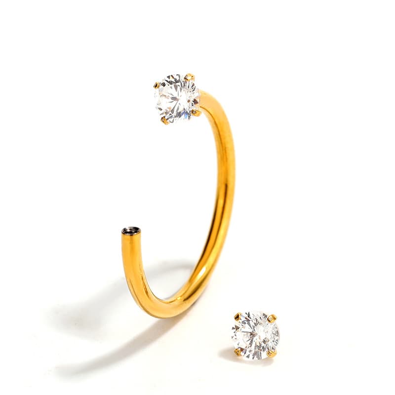 Titanium alloy nose stud with double-ended cubic zirconia, simple and stylish C-bar septum piercing jewelry., detail image 2