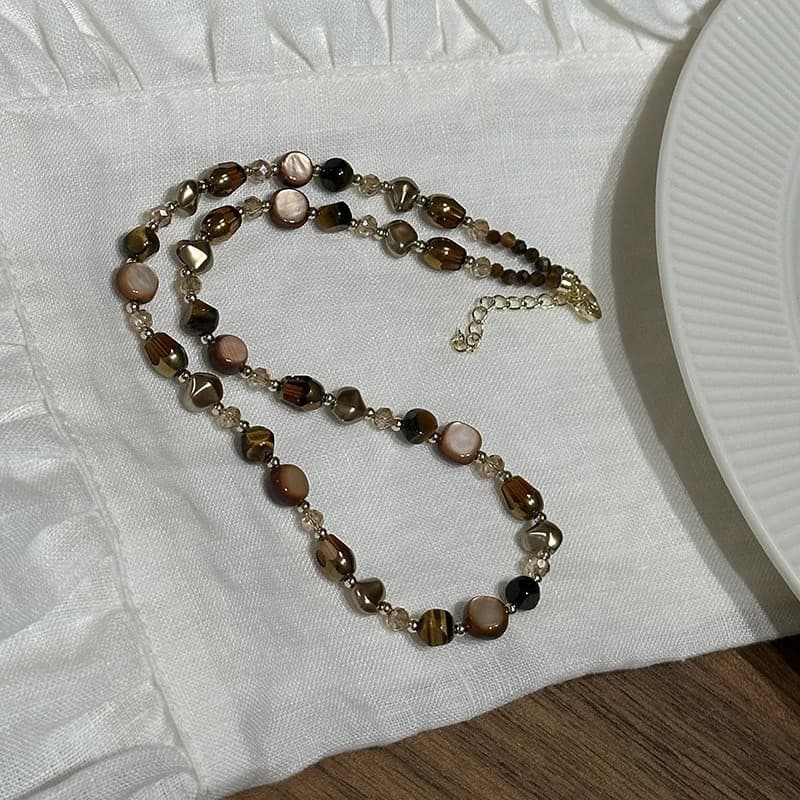 Natural Tiger's Eye Shell Bead Necklace Tiger Eye Stone Coffee Beaded Necklace, detail image 2