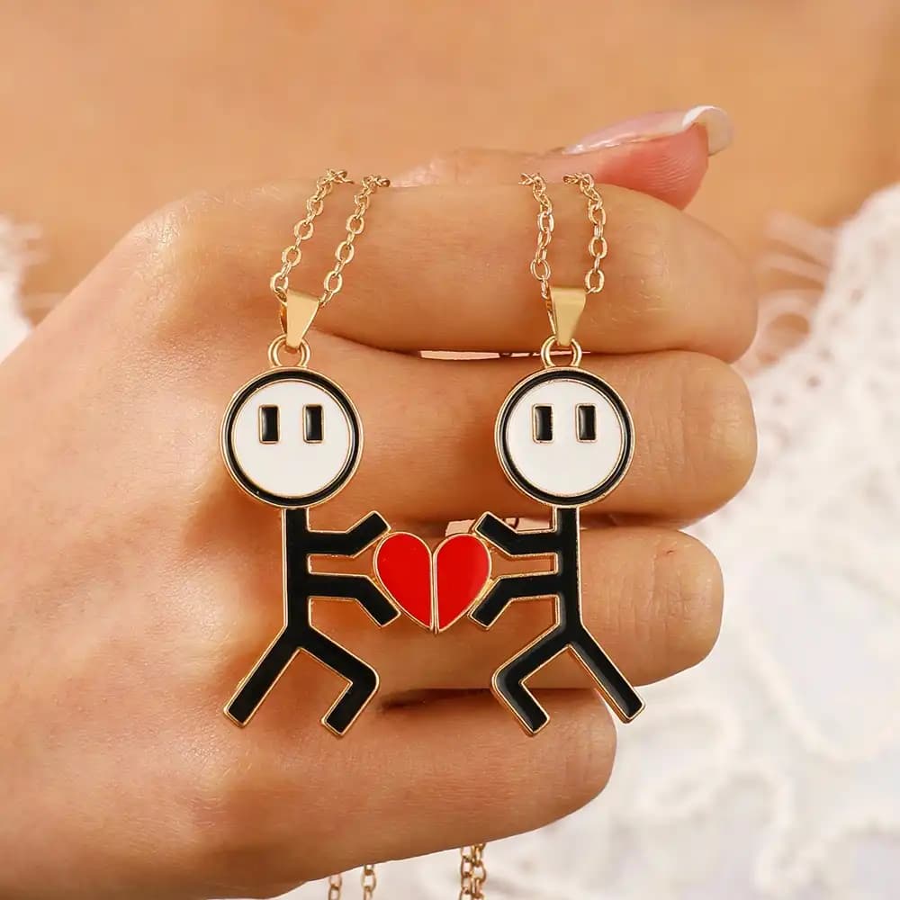 Heart-Shaped Stick Figure Magnetic Couple Necklaces