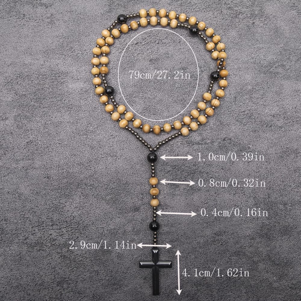 Hemu wooden bead black gallstone cross religious necklace, detail image 2
