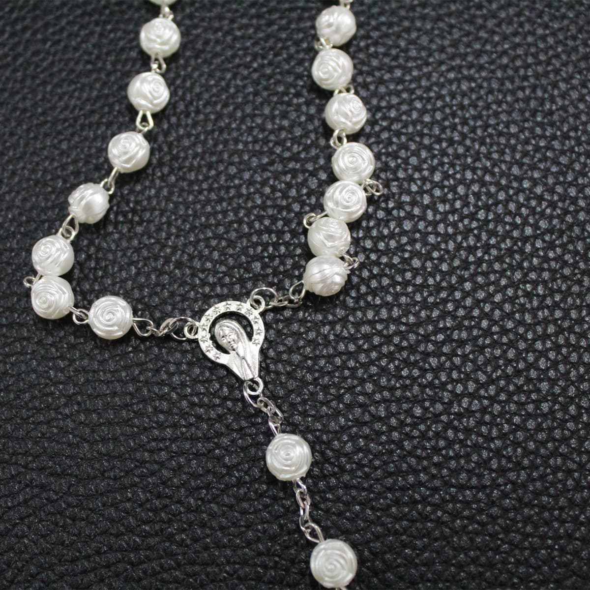 Rose cross baptismal rosary religious necklace, detail image 2