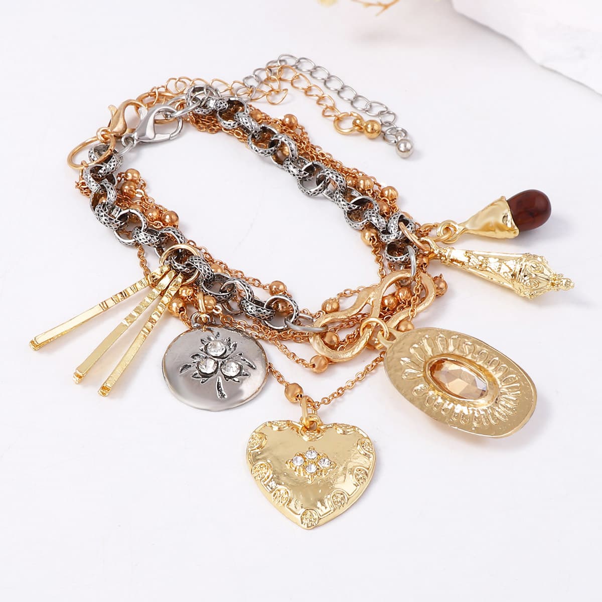 Multi-layered chain stacking alloy heart and geometric charm bracelet Gold Bracelet, detail image 2