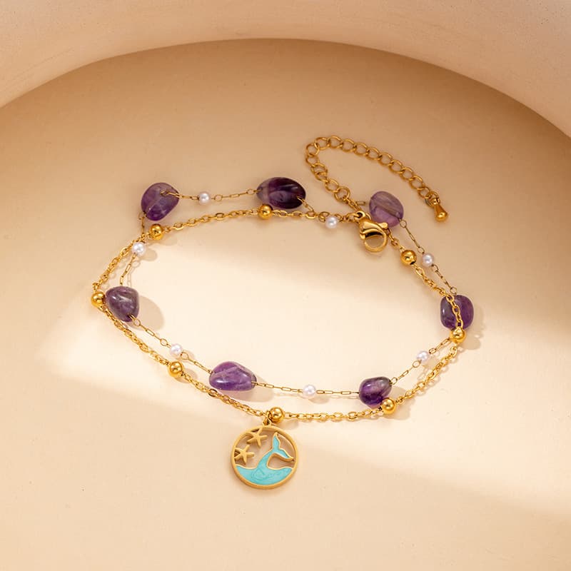 Blue and purple artificial stone pearl heart and dolphin charm bracelet, detail image 2