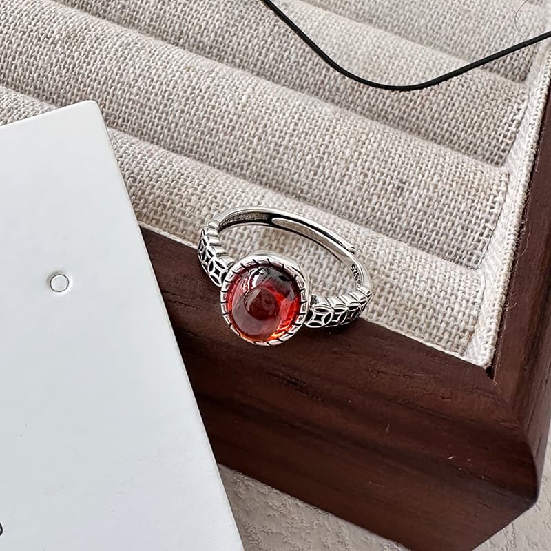 Retro natural stone coin ring, egg shaped gemstone ring Retro Silver J02802 Hong Kong Code Stuck No. 14, detail image 2